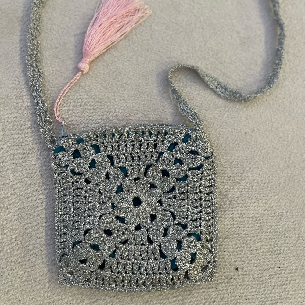 handmade small crochet hand bag silver tinsel
